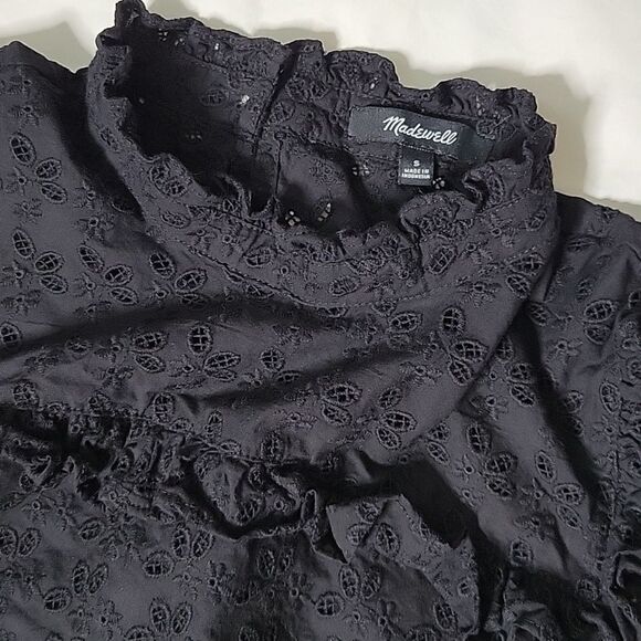 Madewell Mockneck Ruffle Black Cotton Eyelet Dress - Picture 2 of 7